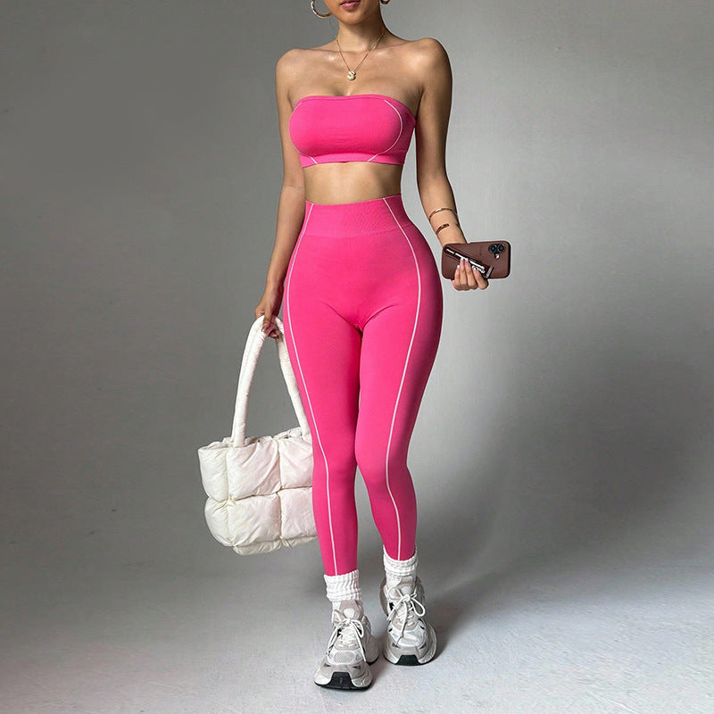 Women's Color Block Yoga Set, Wrap Bandeau Top & Slim Fit Peach Booty Pants, Workout Fitness Outfit
