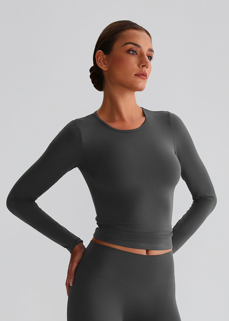 Nude-Feel Yoga-Langarmshirt mit Rundhalsausschnitt: Schmal geschnittenes Pilates-Top & atmungsaktives Lauf-Workout-Shirt