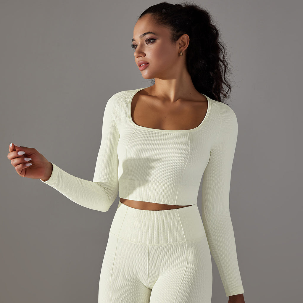 Seamless Textured Pointelle Long Sleeve: Low-Cut Body-Sculpting Yoga Top & Tummy Control Performance Tee