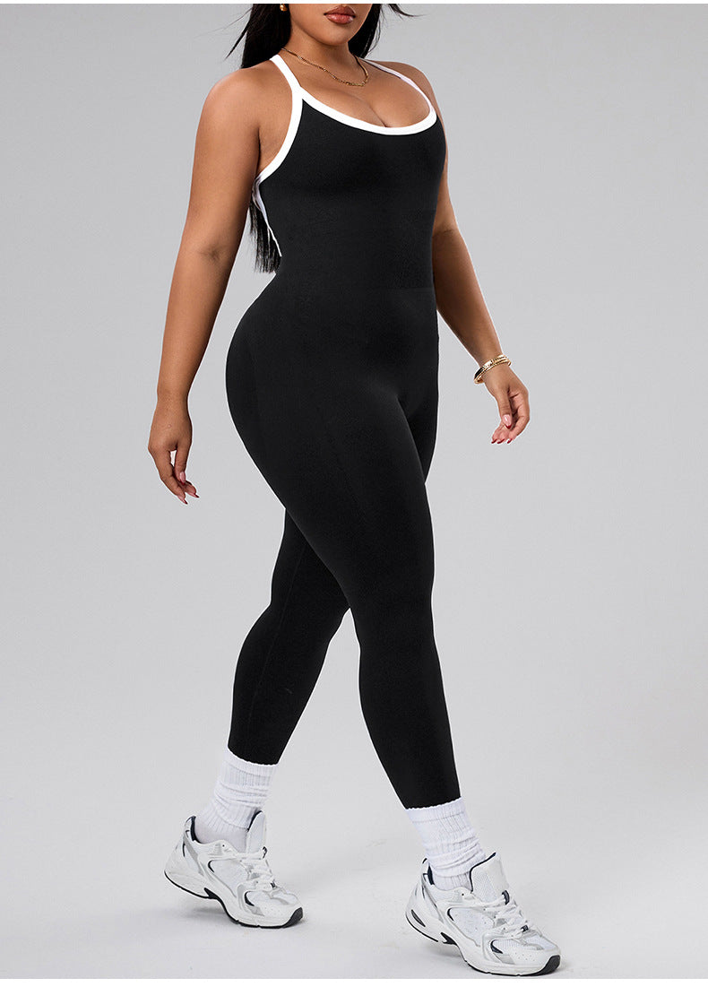 Combinaison de yoga grande taille avec blocs de couleurs pour femmes, bretelles spaghetti croisées, dos nu, taille galbante, fessier liftant, body de sport