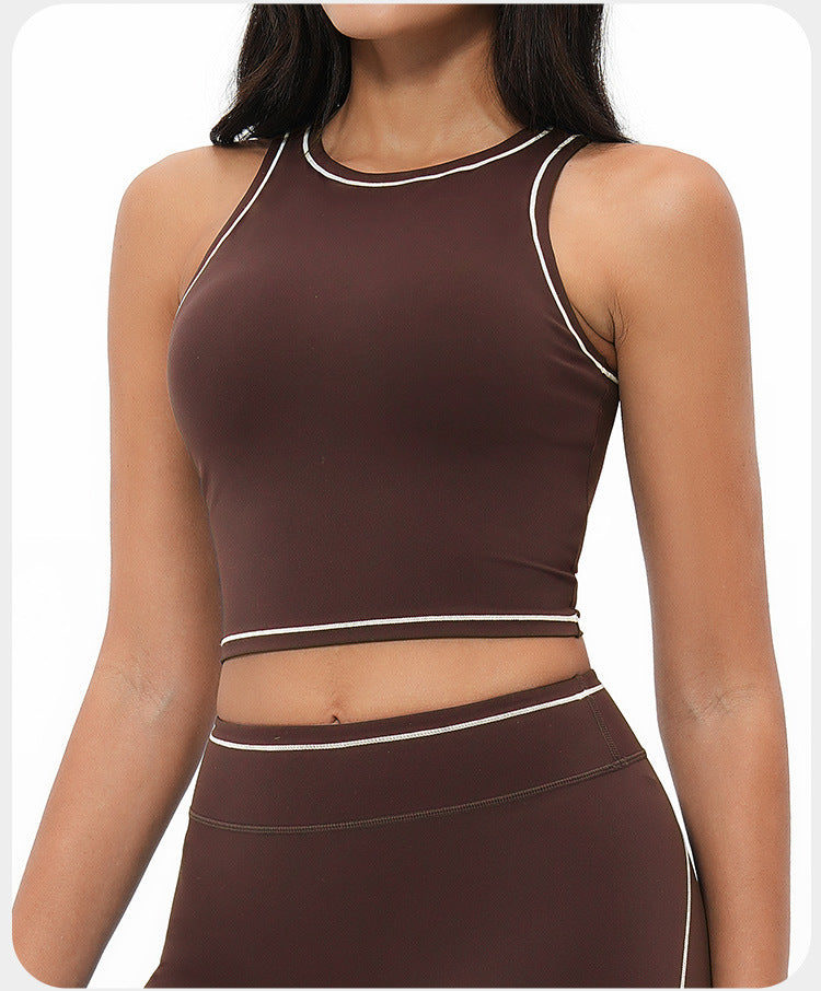 Débardeur de yoga à sensation seconde peau pour femme, brassière de sport de fitness yoga antichoc à dos nageur avec bande contrastante