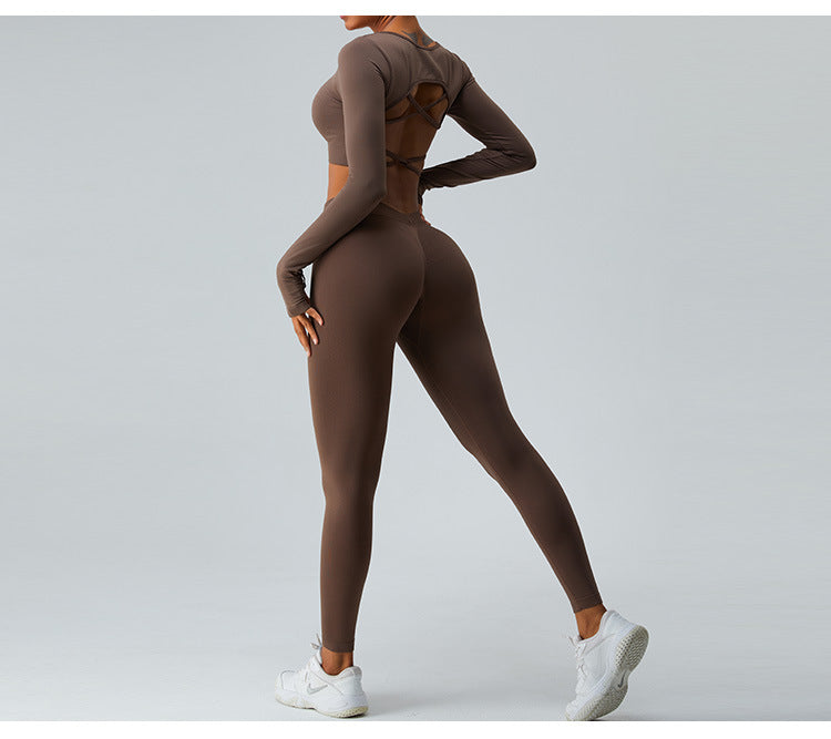 Ensemble de Yoga Sans Couture Automne/Hiver : Haut Sexy Manches Longues à Bretelles Croisées & Legging Taille Haute Push-Up Effet Scrunch