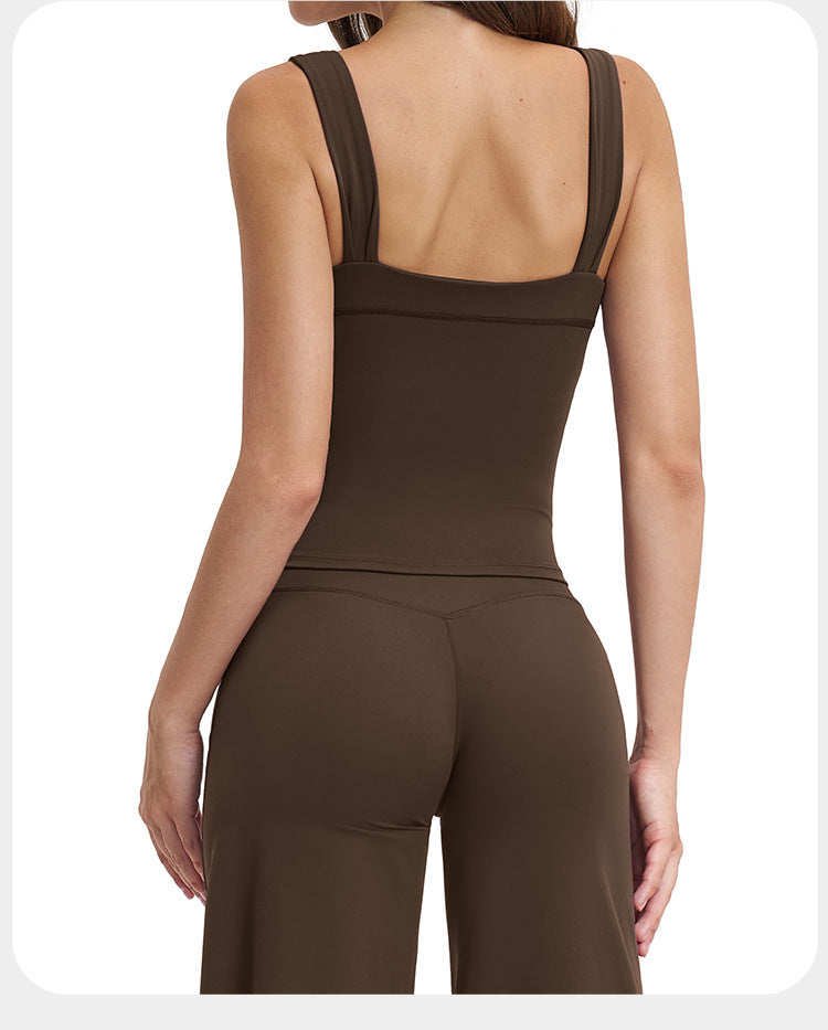 Débardeur de Yoga à Bretelles Doublées Brossées pour Femmes avec Ourlet Long et Dos Nu, Haut de Course et Fitness d'Extérieur à Séchage Rapide