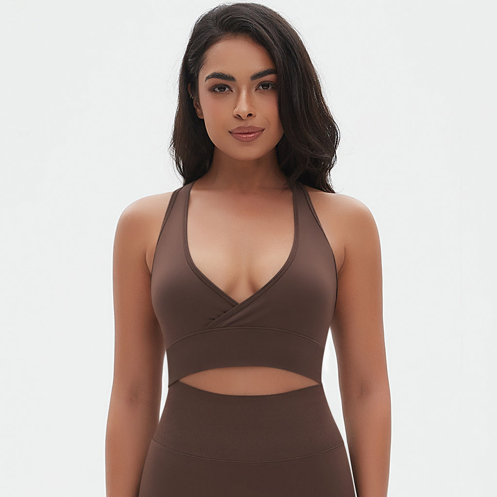 Seamless Criss-Cross Back Sports Bra: Sexy Strappy Yoga Bralette & High-Stretch Solid Color Fitness Running Top