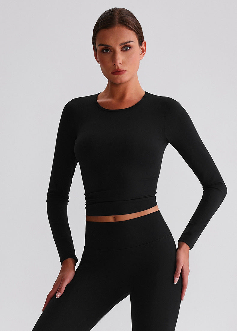 Nude-Feel Yoga-Langarmshirt mit Rundhalsausschnitt: Schmal geschnittenes Pilates-Top & atmungsaktives Lauf-Workout-Shirt