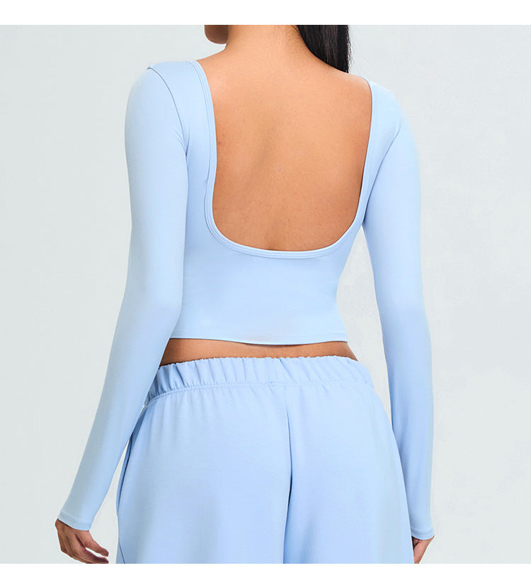 Haut de yoga sans couture et sans dos à manches longues : Top court de sport moulant et T-shirt de fitness à séchage rapide