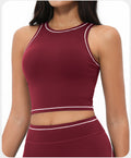 Débardeur de yoga à sensation seconde peau pour femme, brassière de sport de fitness yoga antichoc à dos nageur avec bande contrastante