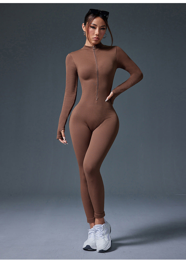 Women's Fall & Winter One-Piece Yoga Jumpsuit, Zip Up Stand Collar Long Sleeve with Thumb Holes, Tummy Control & Butt Lifting Fitness Bodysuit