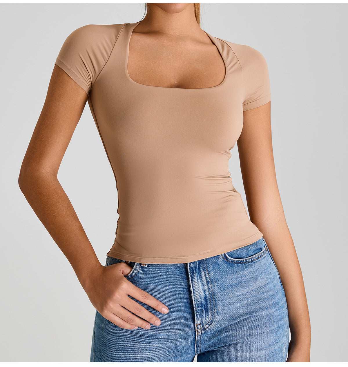 Seamless Square-Neck Shrug-Style Yoga T-Shirt: Slim-Fit Short Sleeve Activewear for Running & Gym