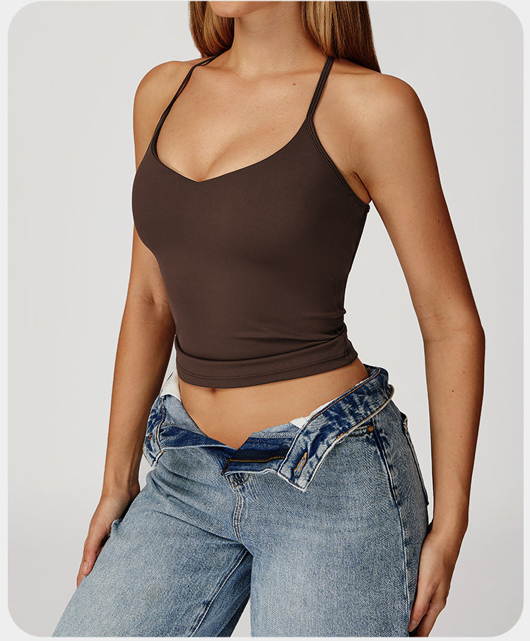 Débardeur de yoga à sensation seconde peau pour femme, haut de fitness à séchage rapide dos croisé, gilet de sport de course en extérieur