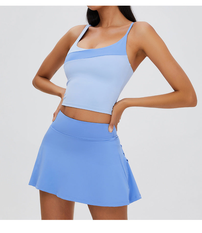 Seamless Contrast-Stitch Sports Bra: High-Elasticity Nude-Feel Yoga Crop Top for Tennis & Gym