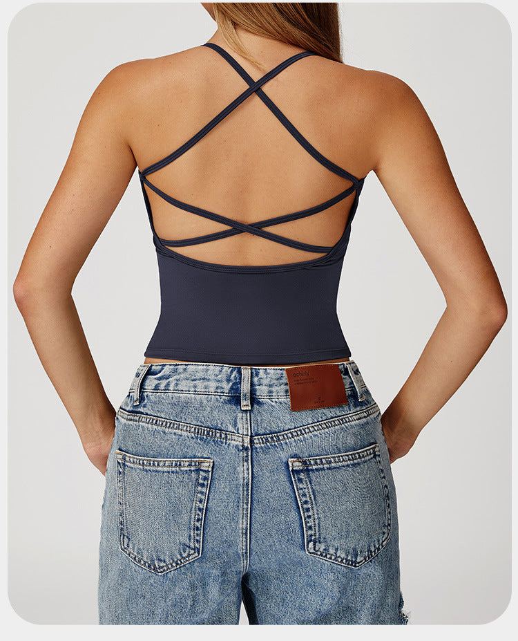 Débardeur de yoga à sensation seconde peau pour femme, haut de fitness à séchage rapide dos croisé, gilet de sport de course en extérieur
