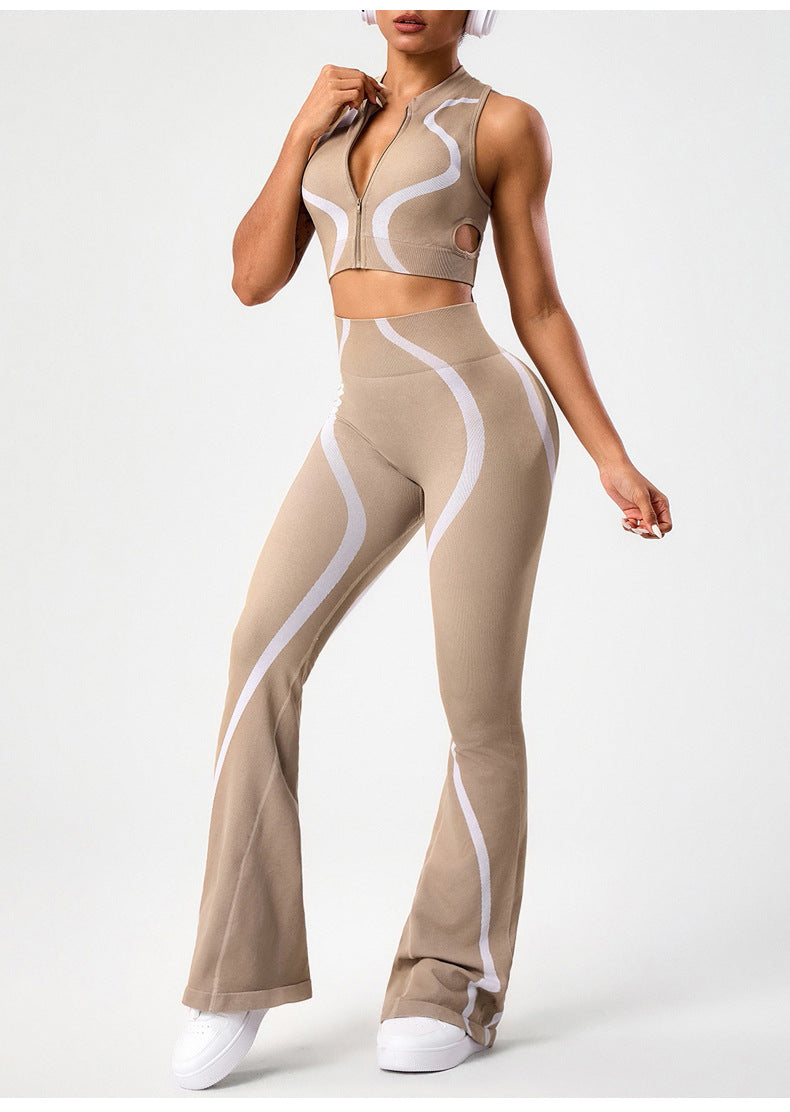 Ensemble de yoga color block pour femme, avec brassière de sport sans manches à fermeture éclair et dos nageur, et legging de yoga évasé à effet push-up.