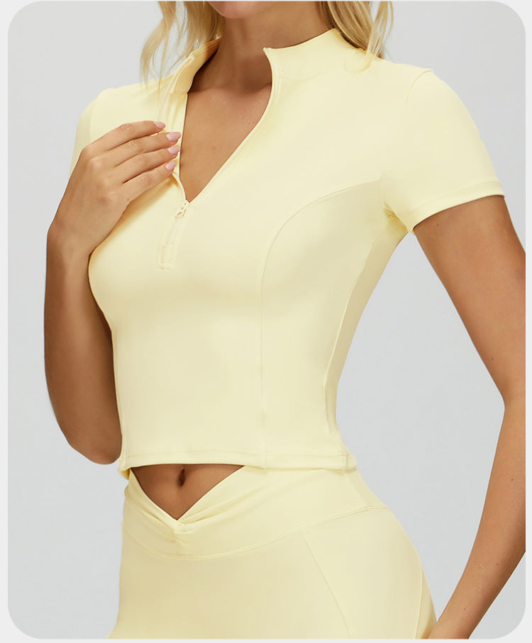 T-shirt de sport moulant à col montant et fermeture éclair pour femme, à manches courtes, pour le yoga, la course à pied et le fitness en extérieur