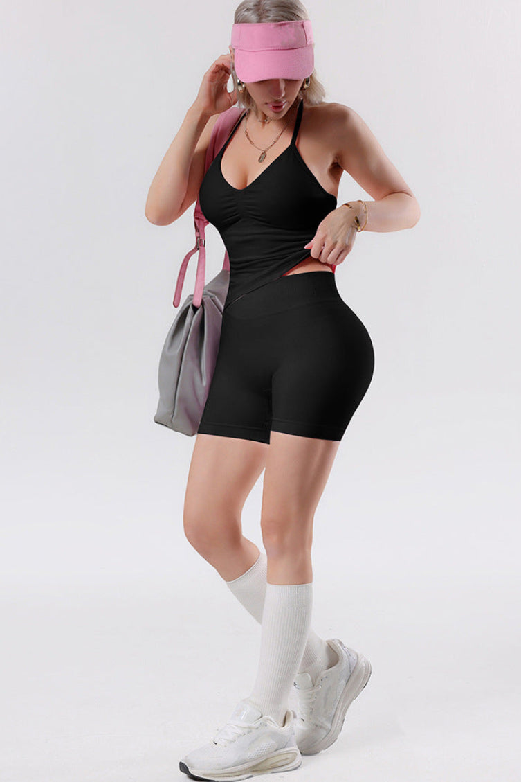 Ensemble de sport yoga pour femme, débardeur dos croisé à col licou, short de sport taille haute gainant effet fesses de pêche