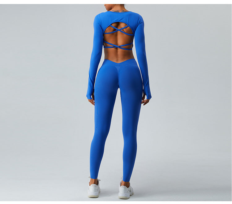 Ensemble de Yoga Sans Couture Automne/Hiver : Haut Sexy Manches Longues à Bretelles Croisées & Legging Taille Haute Push-Up Effet Scrunch