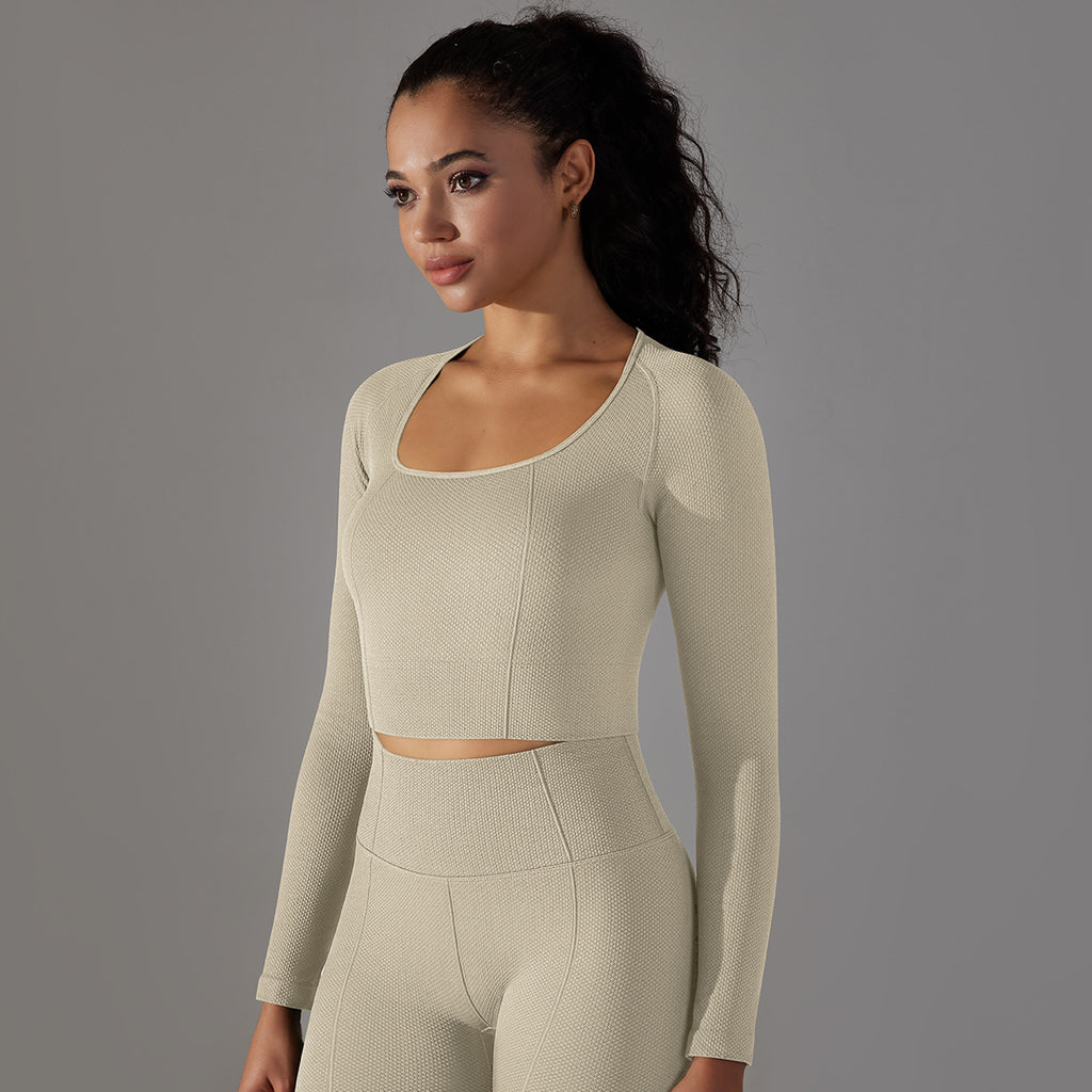 Seamless Textured Pointelle Long Sleeve: Low-Cut Body-Sculpting Yoga Top & Tummy Control Performance Tee