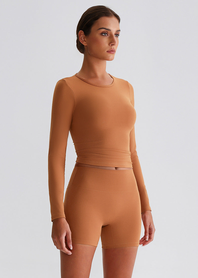 Nude-Feel Yoga-Langarmshirt mit Rundhalsausschnitt: Schmal geschnittenes Pilates-Top & atmungsaktives Lauf-Workout-Shirt