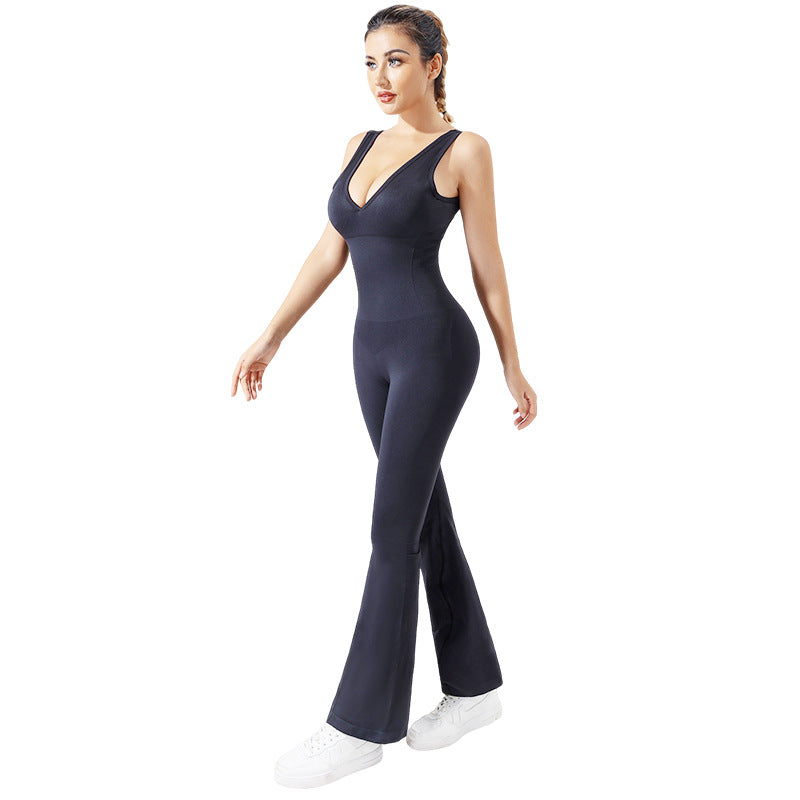 Combinaison de yoga sans couture pour femme, décolletée en V profond dans le dos, taille haute, liftant les fesses, une pièce, pour la course en extérieur et le fitness