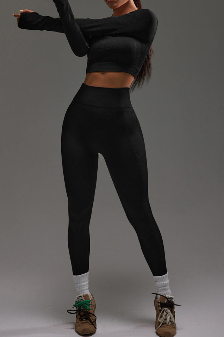 Ensemble d'entraînement de yoga pour femme, haut à manches longues et dos ajouré avec lacets et trous pour les pouces et leggings de fitness galbants pour les fesses