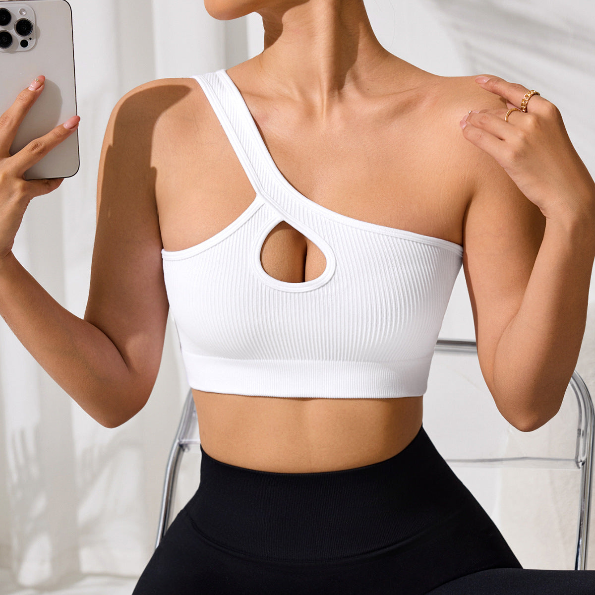 Débardeur de sport sexy pour femme, nouvelle collection, style dénudé, à une épaule, couleur unie, pour yoga, course à pied et fitness