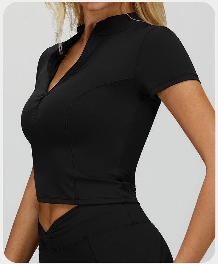 T-shirt de sport moulant à col montant et fermeture éclair pour femme, à manches courtes, pour le yoga, la course à pied et le fitness en extérieur