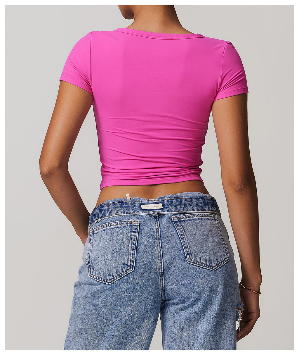 T-shirt de sport côtelé à manches courtes, col en V, pour femme, style européen et américain, idéal pour la course, le fitness et le yoga.