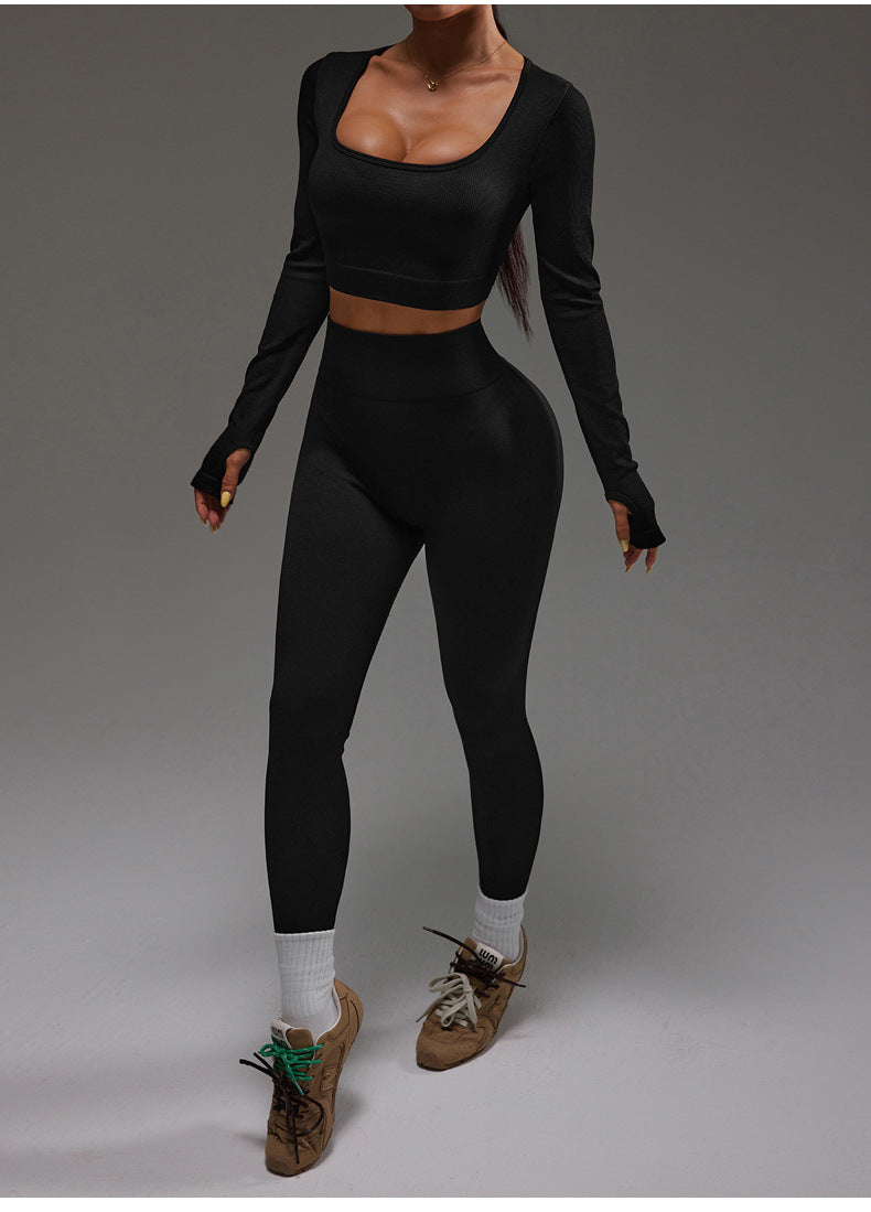 Ensemble d'entraînement de yoga pour femme, haut à manches longues et dos ajouré avec lacets et trous pour les pouces et leggings de fitness galbants pour les fesses