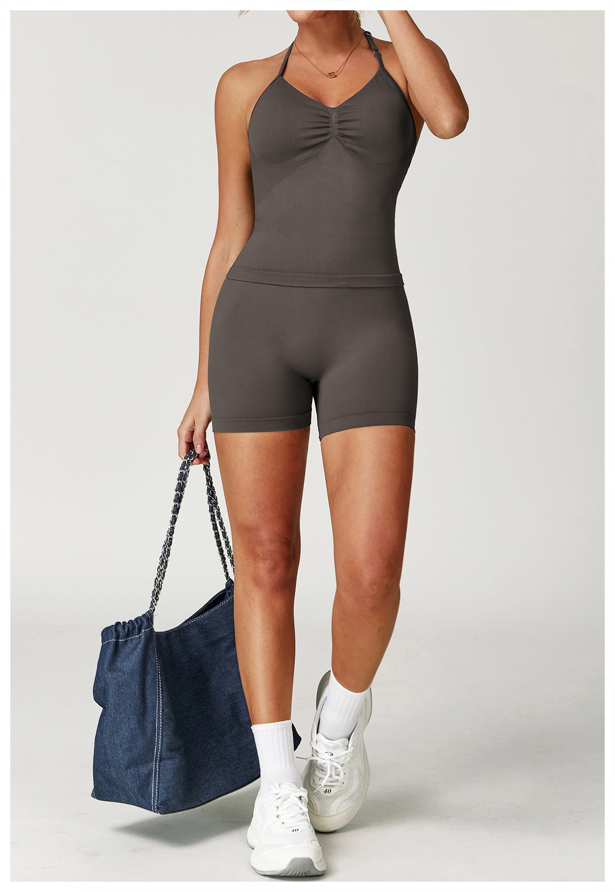 Ensemble de yoga dos nu sans coutures : Tenue de sport froncée moulante & Ensemble de fitness gainant 4552