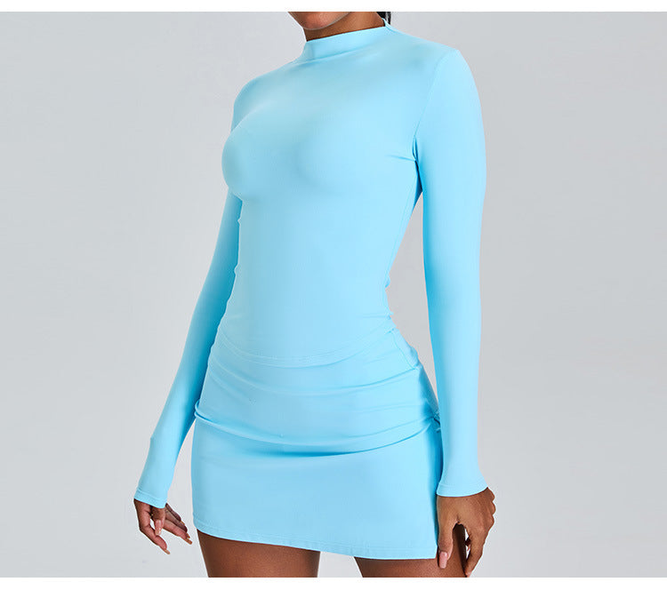 Long Sleeve Slim-Fit Yoga Set: High-Waisted A-Line Sports Skirt with Built-in Shorts & Fitness Outfit