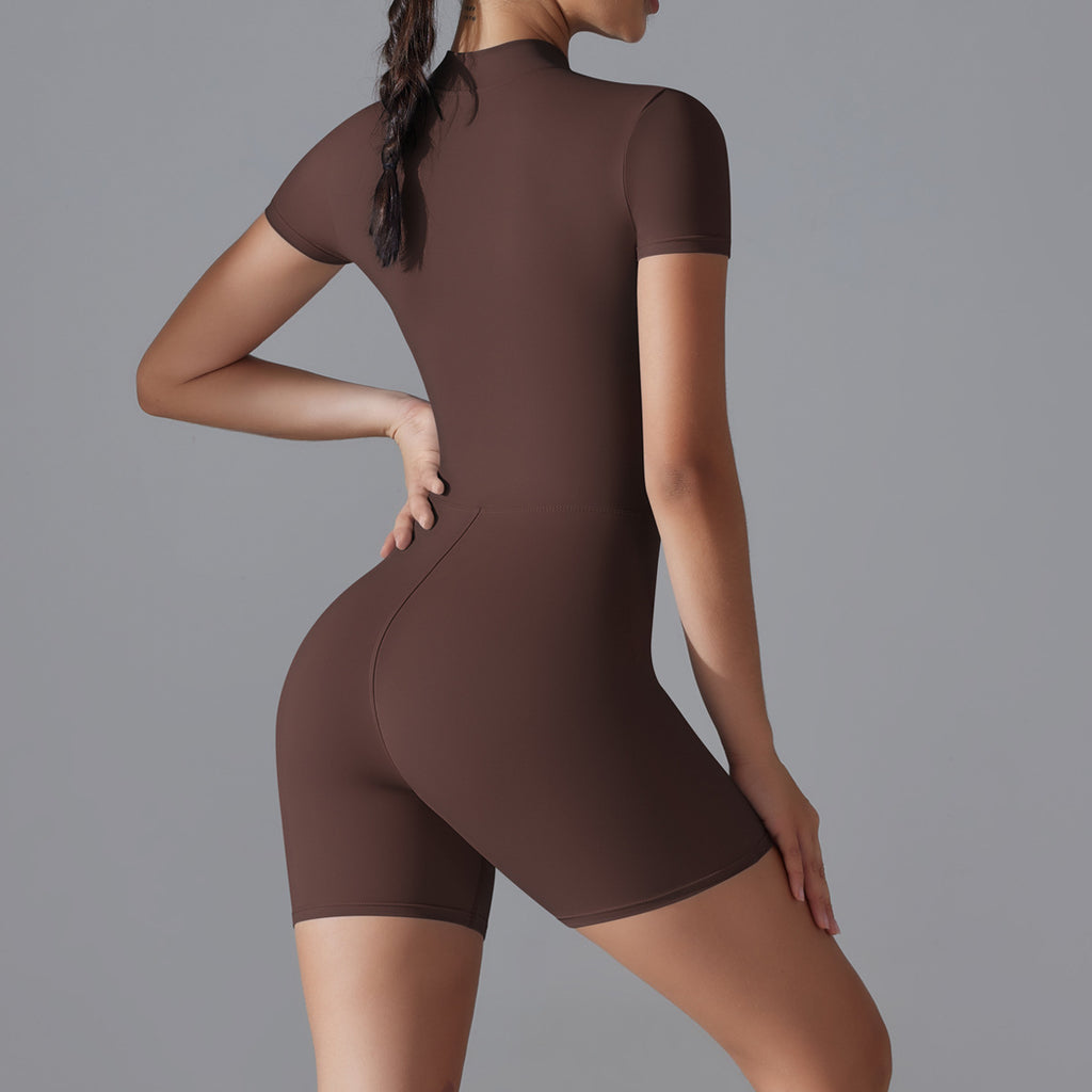 Combinaison de yoga à manches courtes et fermeture éclair sur le devant : Bodysuit de danse gainant sans couture et combinaison athlétique cycliste.