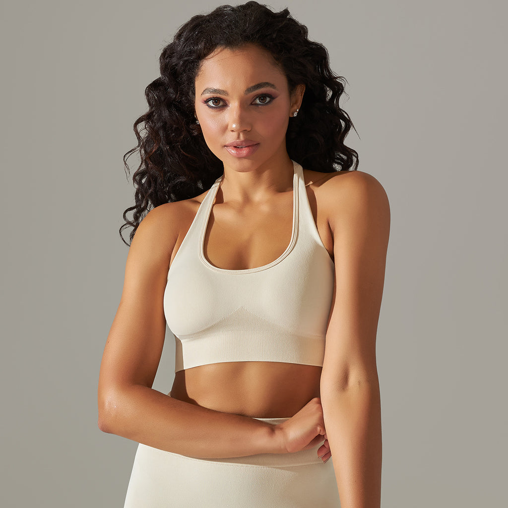 Seamless Halter Neck Sports Bra: Sexy Backless Yoga Top & Solid Color High-Stretch Fitness Bralette