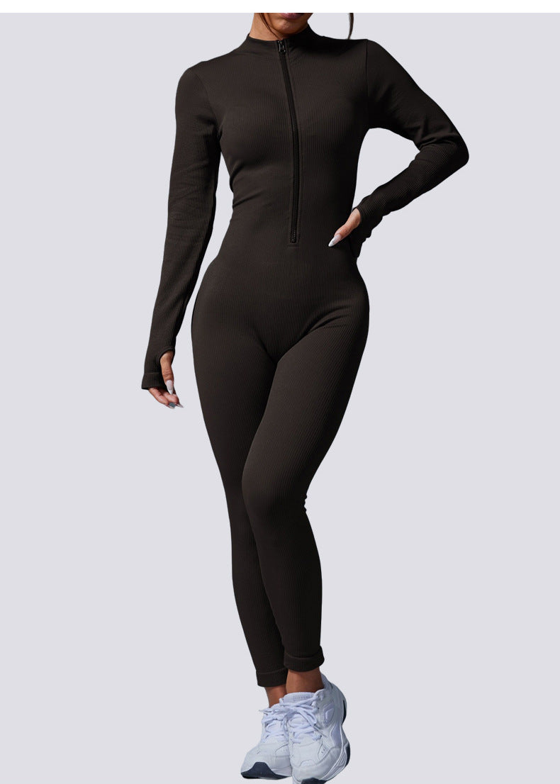 Women's Fall & Winter One-Piece Yoga Jumpsuit, Zip Up Stand Collar Long Sleeve with Thumb Holes, Tummy Control & Butt Lifting Fitness Bodysuit