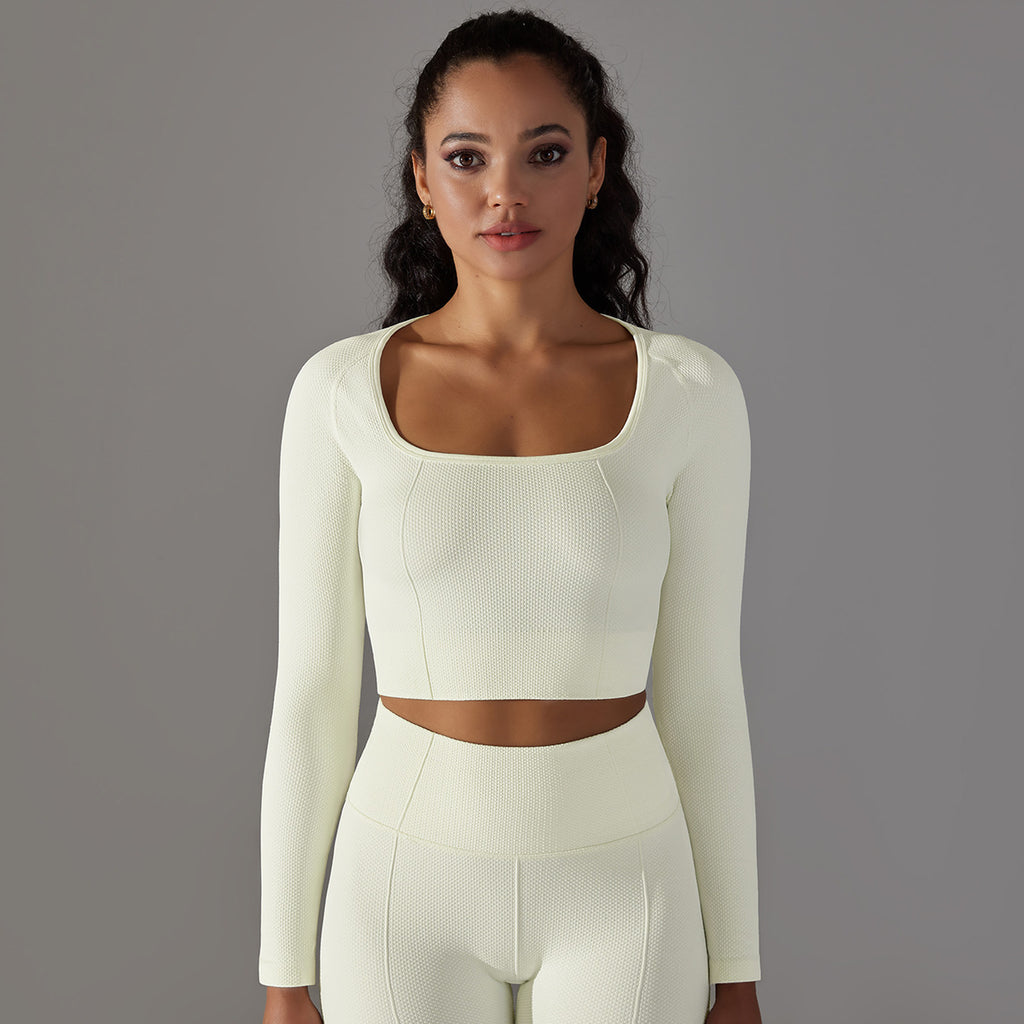 Seamless Textured Pointelle Long Sleeve: Low-Cut Body-Sculpting Yoga Top & Tummy Control Performance Tee