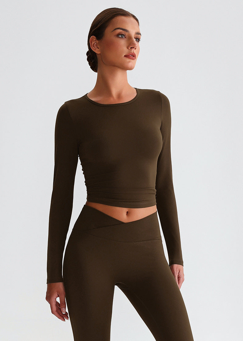 Haut de yoga à manches longues col rond effet seconde peau : haut de Pilates ajusté et T-shirt de sport respirant pour la course à pied