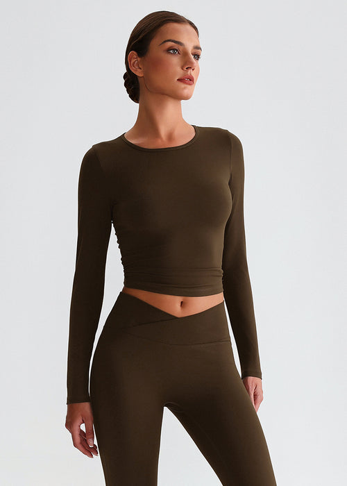 Haut de yoga à manches longues col rond effet seconde peau : haut de Pilates ajusté et T-shirt de sport respirant pour la course à pied