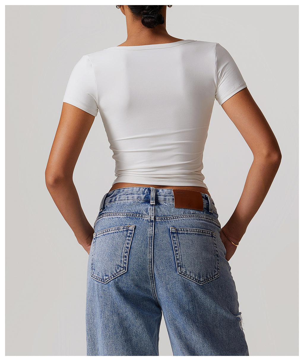 T-shirt de sport côtelé à manches courtes, col en V, pour femme, style européen et américain, idéal pour la course, le fitness et le yoga.