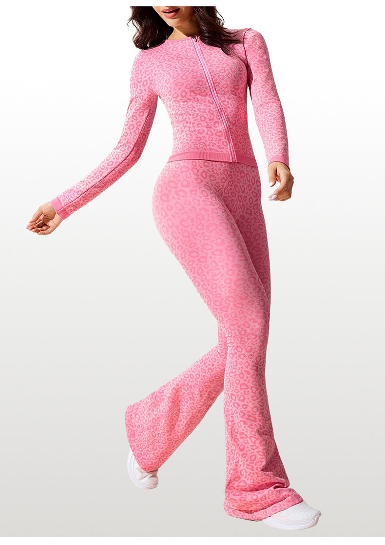 Ensemble de yoga femme imprimé léopard — Haut à manches longues zippé sur le devant et dos découpé & Legging évasé taille haute rehausseur de fessier