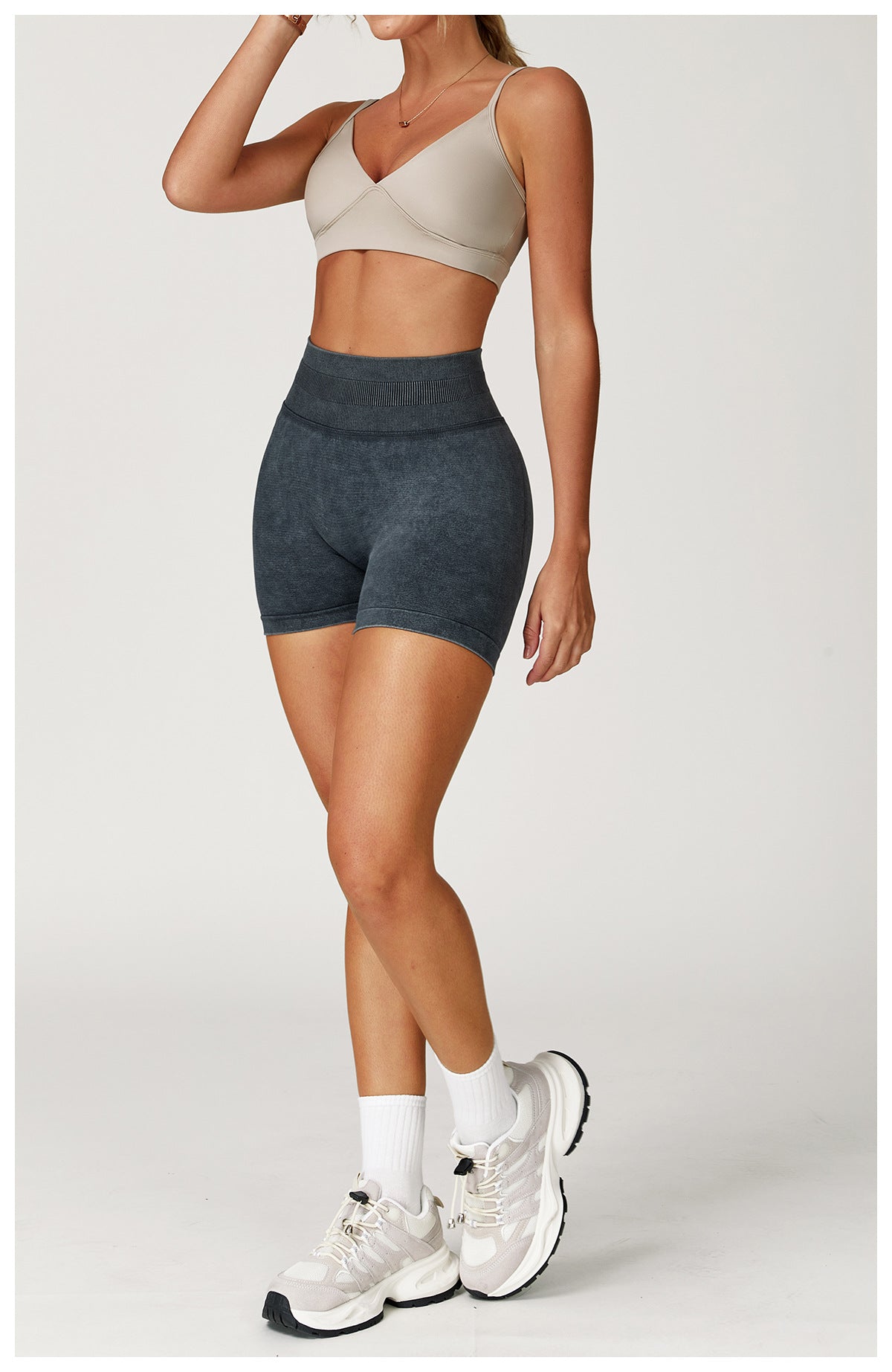 Short de yoga sans couture délavé à l'acide : Short de fitness taille haute gainant pour la course 7425
