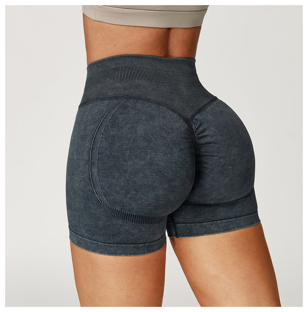 Short de yoga sans couture délavé à l'acide : Short de fitness taille haute gainant pour la course 7425