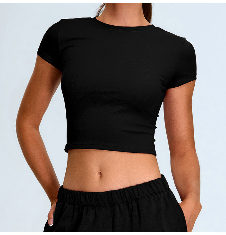 T-shirt de yoga côtelé sans coutures : Manches courtes moulantes, à séchage rapide et respirantes pour la course