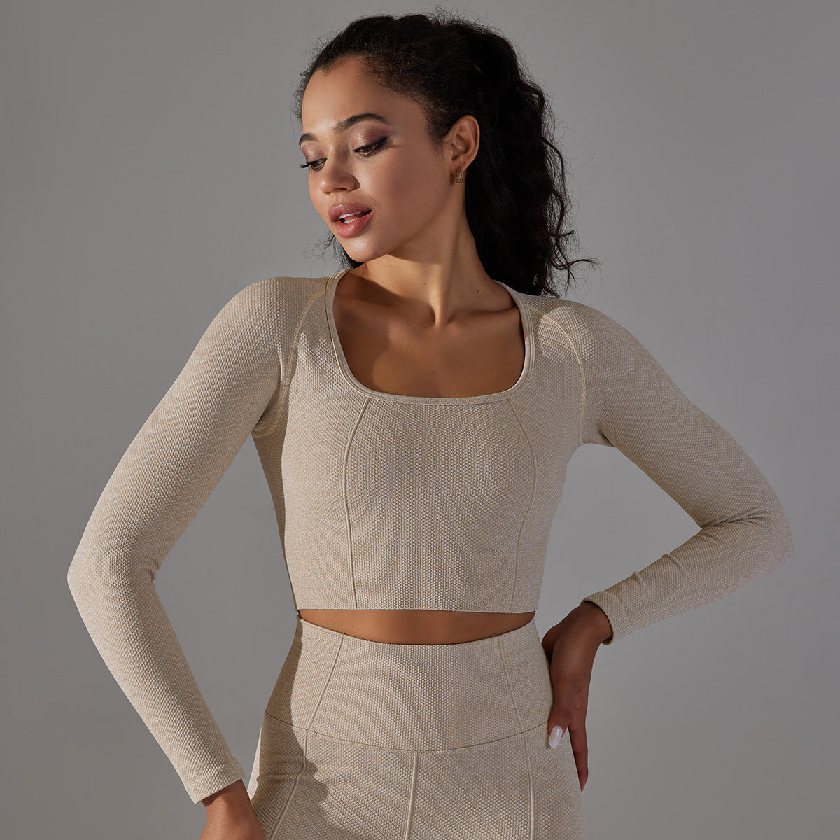 Seamless Textured Pointelle Long Sleeve: Low-Cut Body-Sculpting Yoga Top & Tummy Control Performance Tee