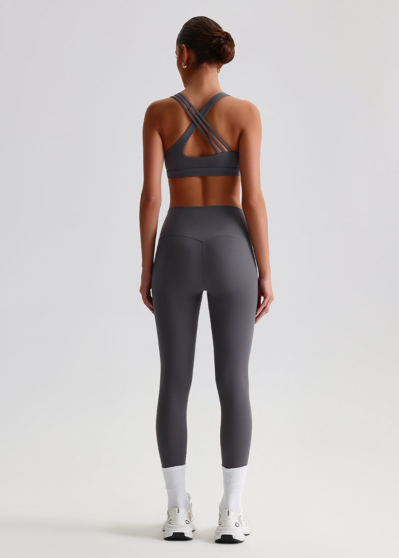 Brushed Nude-Feel Yoga Set: Open-Back Sports Bra & High-Waisted Tummy-Control Workout Leggings
