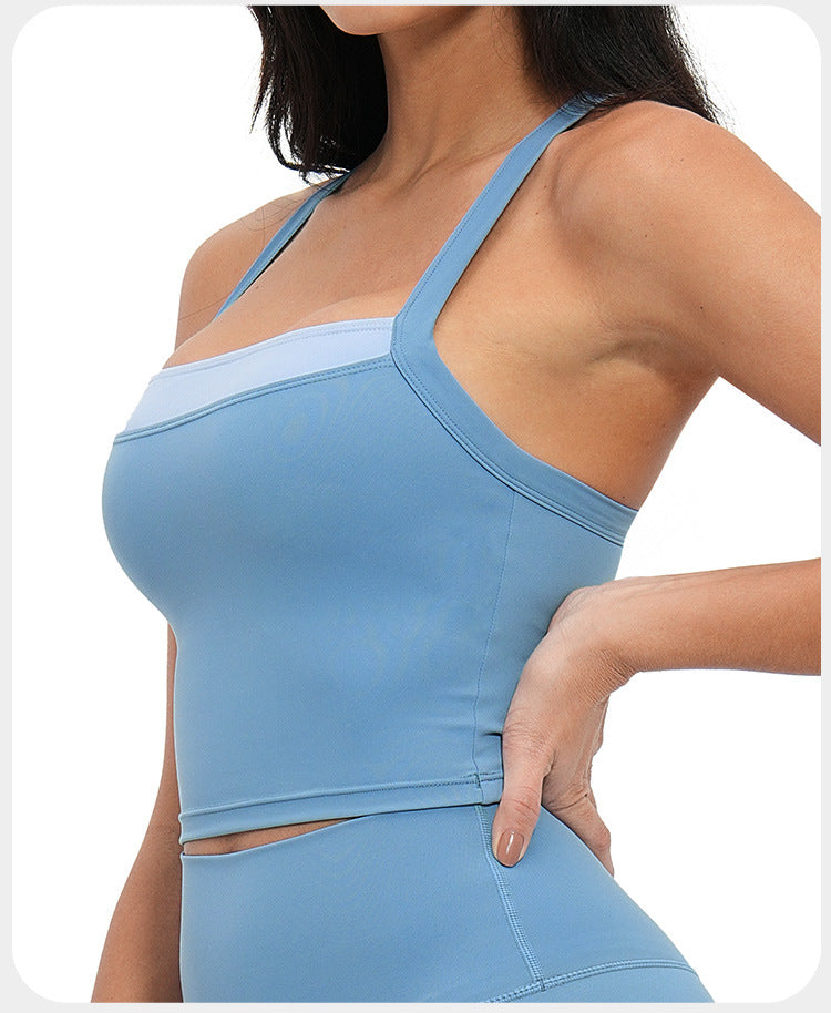Débardeur de yoga pour femme, effet seconde peau, avec soutien-gorge de sport intégré, bloc de couleurs et dos croisé, idéal pour les activités sportives en extérieur.