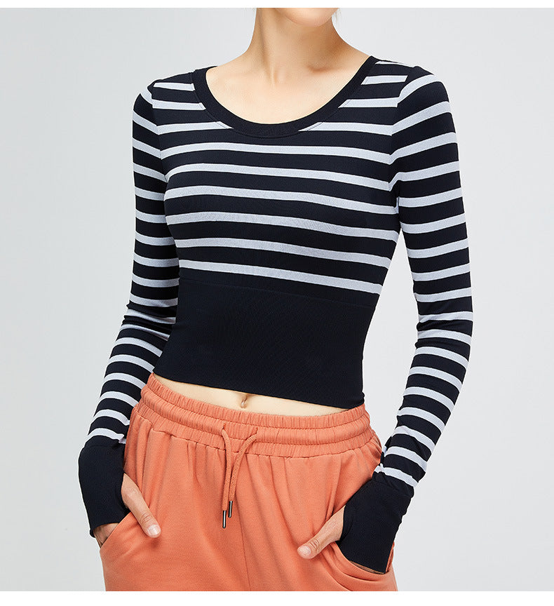 Nude-Feel Color-Block Yoga Long Sleeve: Breathable Cropped Workout Top & Slim-Fit Fitness Tee