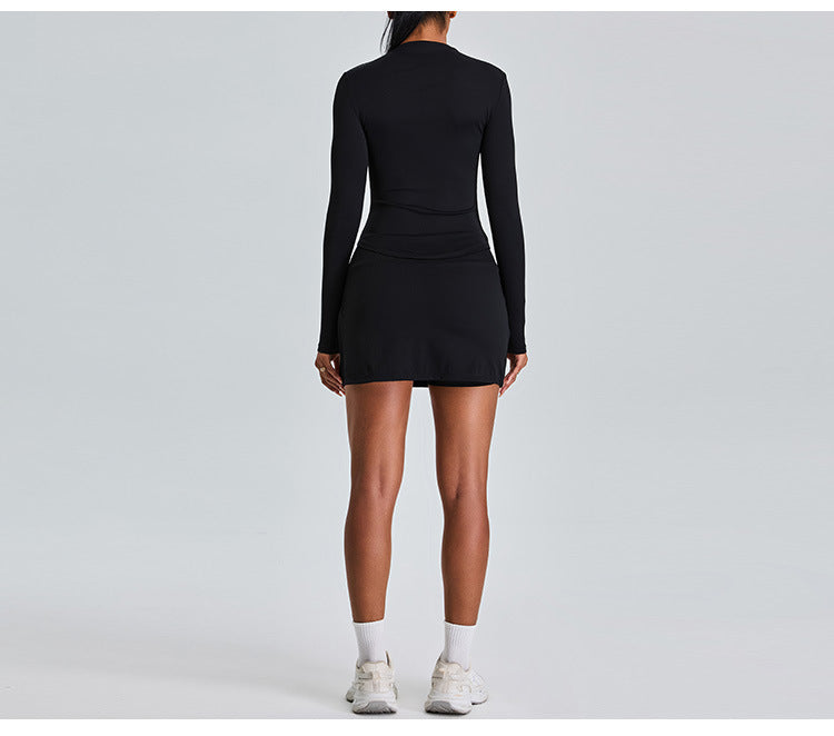 Long Sleeve Slim-Fit Yoga Set: High-Waisted A-Line Sports Skirt with Built-in Shorts & Fitness Outfit