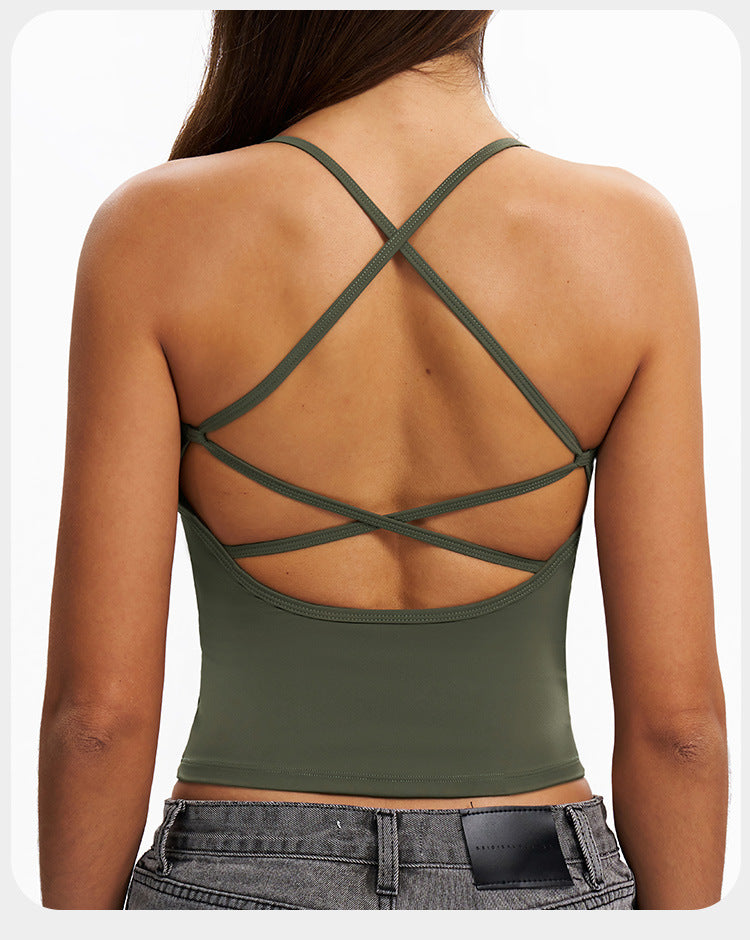 Débardeur de yoga à sensation seconde peau pour femme, haut de fitness à séchage rapide dos croisé, gilet de sport de course en extérieur