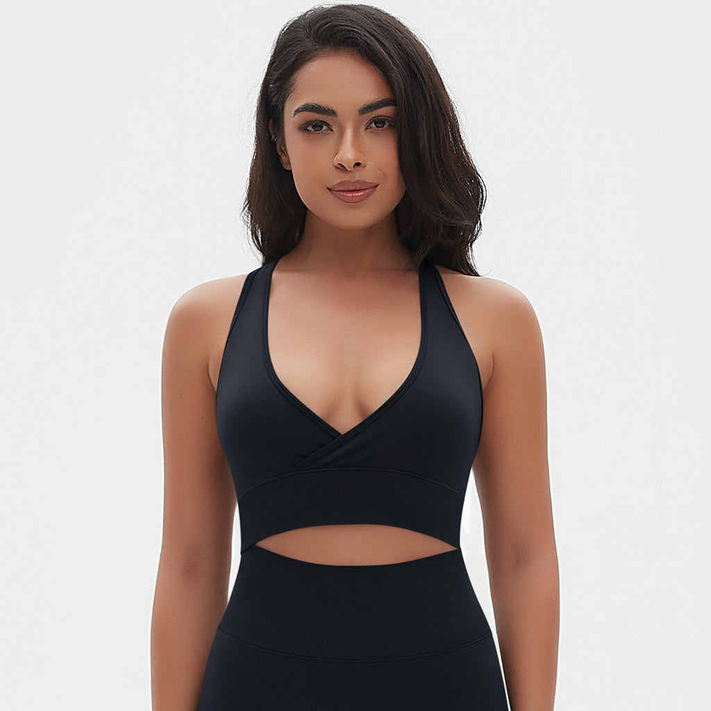 Seamless Criss-Cross Back Sports Bra: Sexy Strappy Yoga Bralette & High-Stretch Solid Color Fitness Running Top