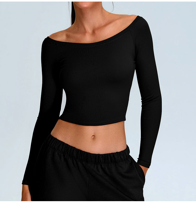 Seamless Ribbed Yoga T-Shirt: Off-the-Shoulder Slim-Fit Long Sleeve for Pilates & Running
