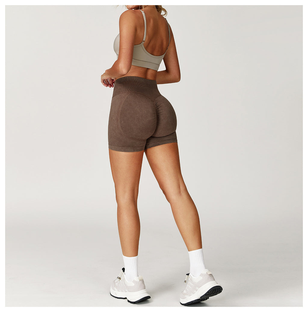 Short de yoga sans couture délavé à l'acide : Short de fitness taille haute gainant pour la course 7425